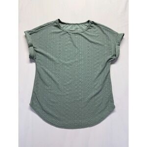 Perout Blouse Top Womens Medium Green Eyelet Stretch Cuffed Sleeve Casual Wear